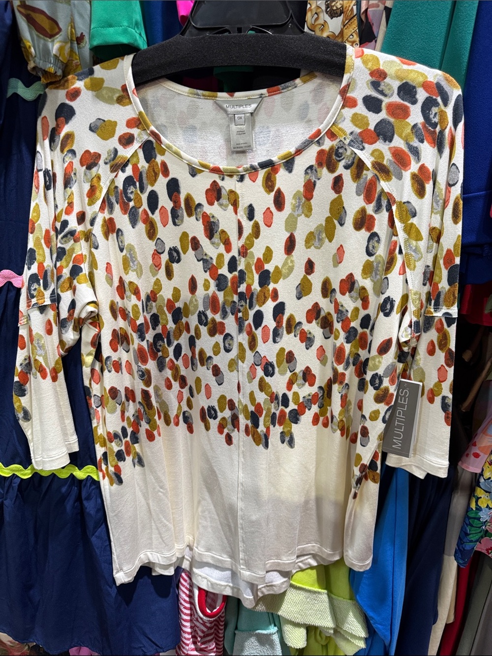 Multiples Cream Scoop Neck Top with Rust, Olive & Navy Dot Print